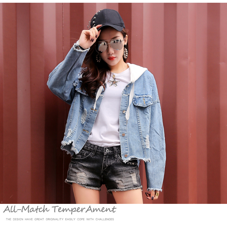 VK旗艦店 韓系時尚假連帽牛仔破洞寬松顯瘦長袖外套