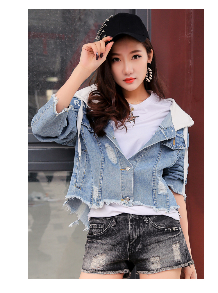 VK旗艦店 韓系時尚假連帽牛仔破洞寬松顯瘦長袖外套