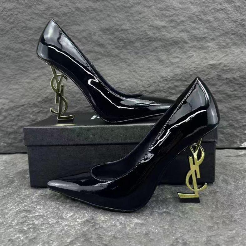 Black High-Heeled Shoes for Women in the Same Style as Yang Shulin, European and American Style Patent Leather Pointed Toe, Elegant and Fashionable with Unique Letter-Shaped Heels