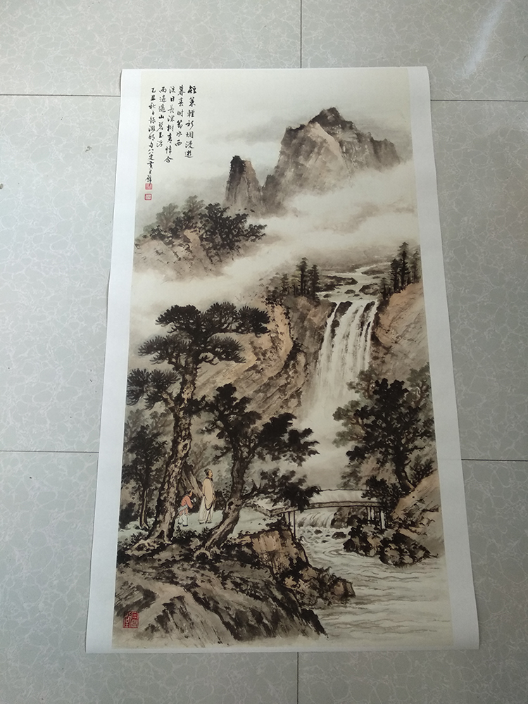 Huang Junbi Chinese painting Rain over Bishan landscape canvas strip Rice paper micro spray copy painting Original large HD Chinese entrance painting