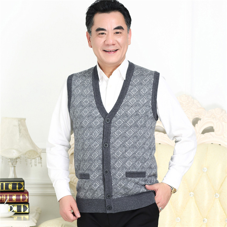 Áo len dệt kim Dad 2018 Xuân-Thu Mới Trung niên Áo vest nam Vai áo vest Ông không tay Vest áo len dáng dài hàn quốc