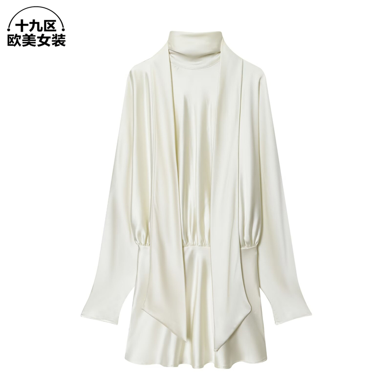 19Th District European and American Women's Fashion 2025 Elegant Scarf Collar Long Sleeve Satin Dress Feminine Mini Dress 1755