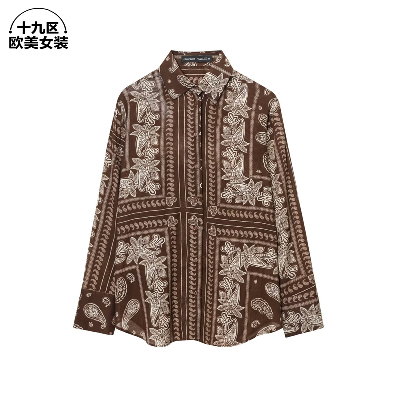 19Th District European and American Women's Clothing 2025 New Retro Style Printed Lapel Long Sleeve Shirt Loose Blouse 61203