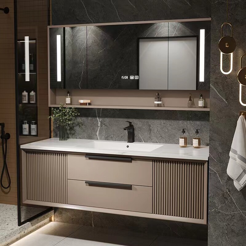 New bathroom rockboard bath cabinet Seamless Articulation Integrated Basin Wash Terrace Oak Hand-wash Face Combined Smart Mirror Cabinet-Taobao