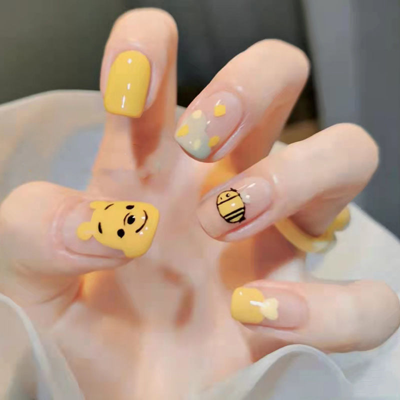 New Winnie the Pooh Manicure Wearable Nail Polish Finished Product, Removable Summer Short Style Cartoon Cute Nail Patch, Super Cute