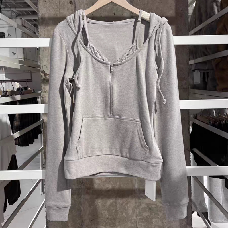 Wm Official Website Fake Two-Piece Hooded Sweatshirt, New Spring and Autumn Lace Splicing Solid Color Versatile Slim Fit Slimming Top Jacket Wm Official Website Fake Two-Piece Hooded Sweatshirt, New Spring and Autumn Lace Splicing Solid Color Versatile Slim Fit Slimming Top Jacket