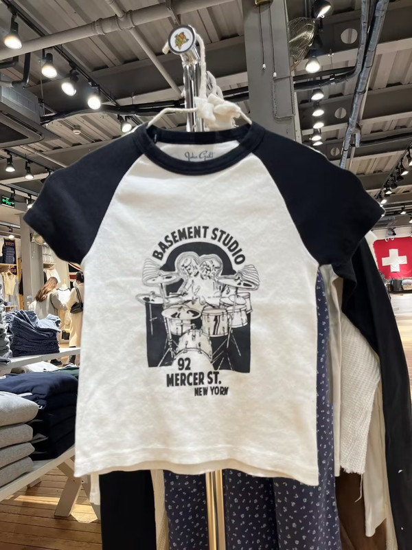 Bm Drum Set Print Short-Sleeve Women's Bm Summer Color-Blocked Pure Cotton Versatile Slimming Casual T-Shirt Niche Style Top