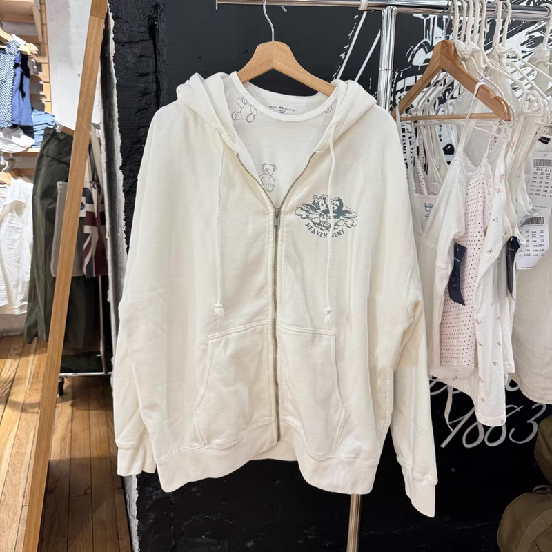 Bm Angel Print Zipper Jacket Women's Official Website Autumn and Winter New Casual Loose Slimming Hooded Sweatshirt White Cardigan