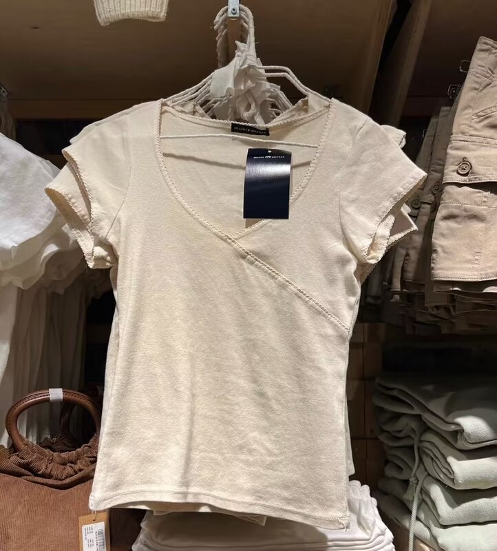 Bm Pure Cotton Lace V-Neck Short-Sleeve Women's Official Website Summer New Casual Versatile Slim-Fit Design Solid Color T-Shirt Top