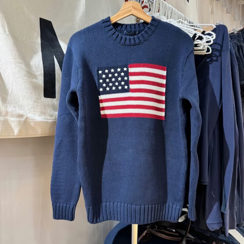 Bm Official Website Star and Stripe Pattern Sweater 2026 New American Retro Round Neck Loose Slimming Knit Top for Women Bm Official Website Star and Stripe Pattern Sweater 2026 New American Retro Round Neck Loose Slimming Knit Top for Women