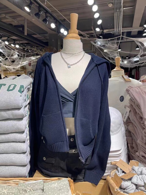Bm Solid Color Striped Hooded Jacket for Women, New Early Autumn Versatile Slim-Fit Casual Zipper Sweater Knit Cardigan