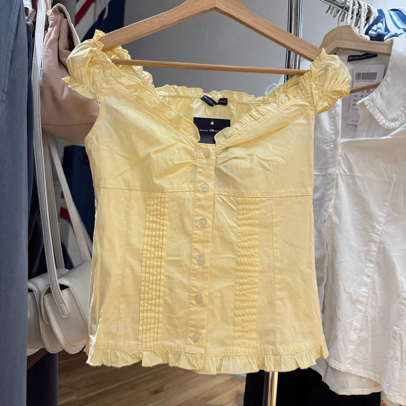 Bm Light Yellow Flutter Sleeve T-Shirt for Women, Official Website, Single-Breasted, Off-Shoulder, Lace Trim, Slim Fit, Pure Desire Short-Sleeve Top