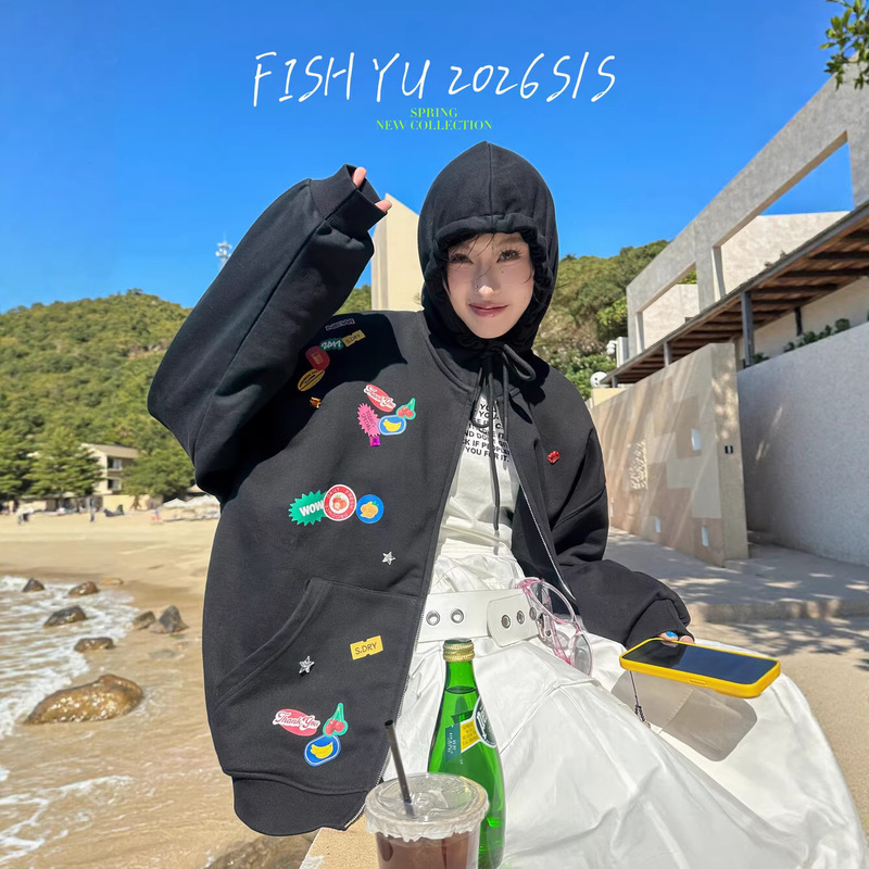 Authentic In-Stock Fishyu Early Spring New American Street Style Embossed Rhinestone Casual Loose Hooded Sweatshirt Jacket