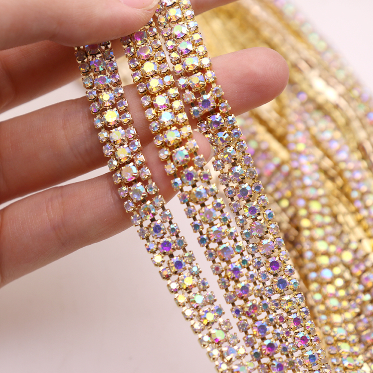 Three rows of white AB color gold bottom silver bottom glass crystal diamond chain DIY clothes bag jewelry accessories chain hand sewing