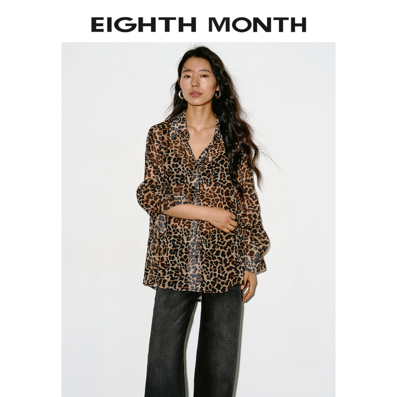 Eighthmonth August "Retro Leopard Print" See-Through Leopard Print Long-Sleeved Shirt for Women Work Clothing Sun Protection Top