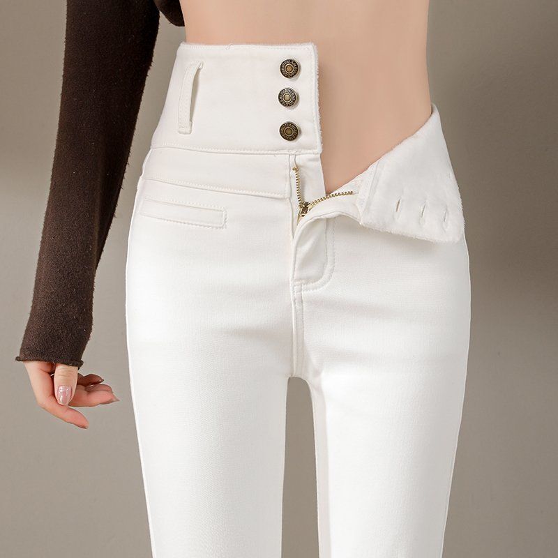 White Skinny Jeans for Women, High-Waisted, Spring/Summer, Buttoned, Thin, Slim-Fit, Extended Length, Pencil Pants for Tall Individuals