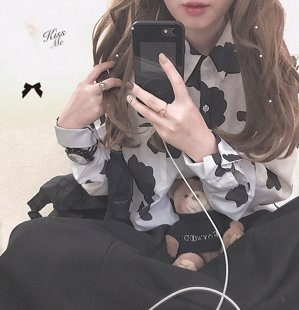 Bò in áo gió retro cá tính họa tiết bò lỏng phong cách Harajuku áo dài tay dài nữ áo sơ mi form rộng nữ