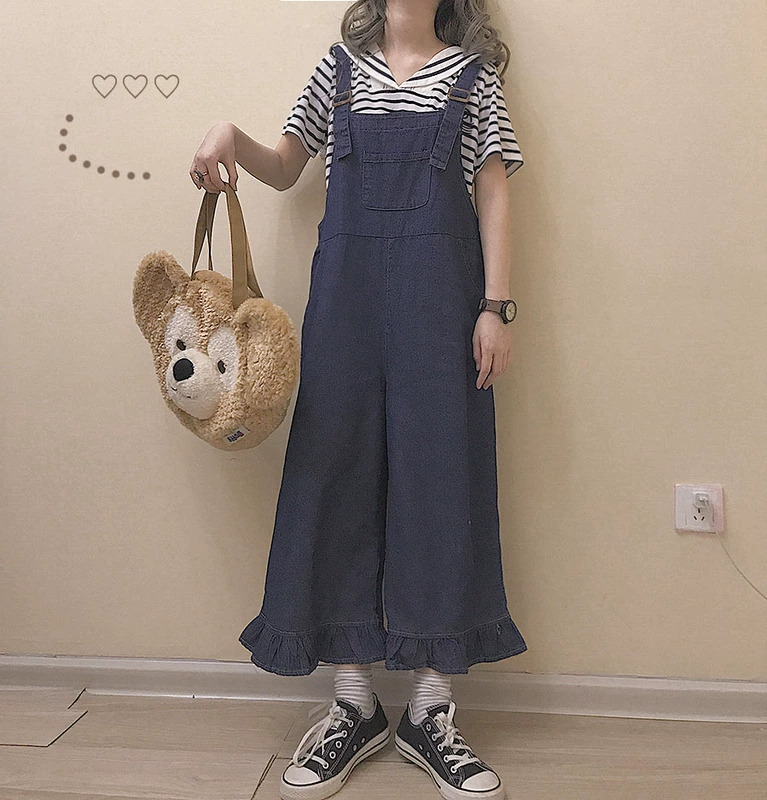 Nhật Bản cổ điển cảm giác retro in gió lỏng ren hoang dã denim overalls quần chân rộng sinh viên nữ