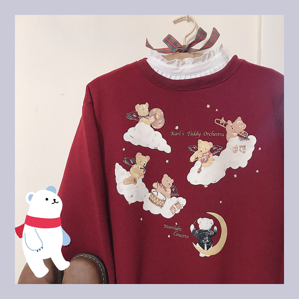 Homemade Angel Bear Áo ba lỗ retro Nhật Bản Áo len cổ lọ Cô gái mềm mại Phong cách hàng đầu Harajuku áo nỉ hoodie dễ thương