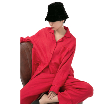 Cleanliness) Big red pure linen trim outerwear lazy pajamas set home clothes loose simple