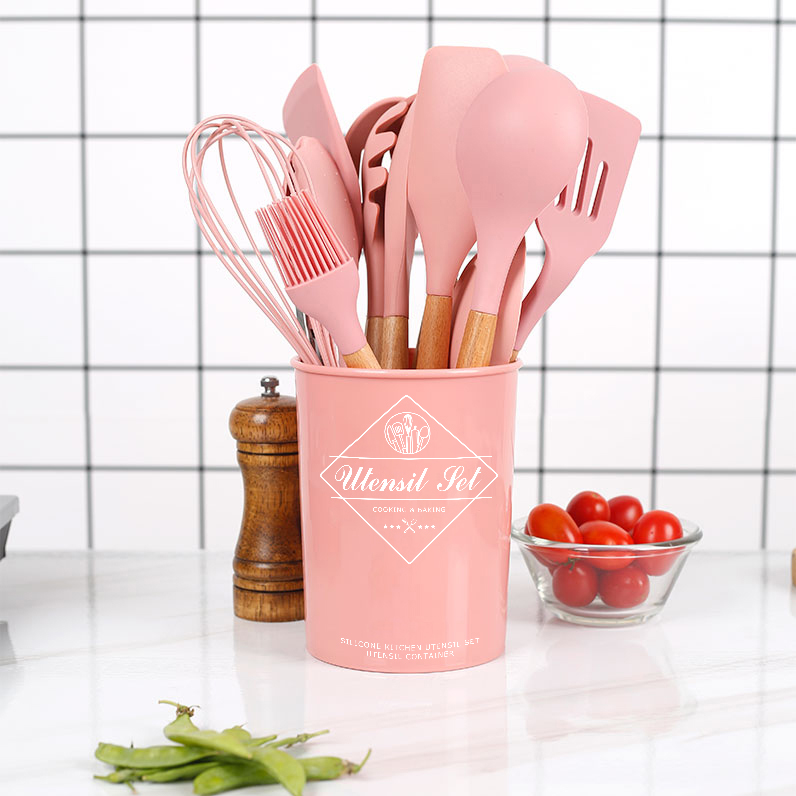 Pink Wood Handle Silicone Pan Spade Spoon Suit No Stick Pan Special Small Shovel Soup Spoon Kitchen Domestic Cookware