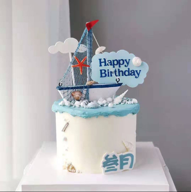 Bakery cake decoration decoration deck plate blue ocean series small ship furniture blue sky white cloud interface