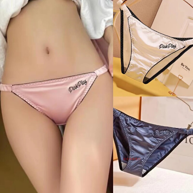 European and American Style Women's Sexy Luxury Satin Ice Silk Low-Waist Fashion Embroidered Letter Girl's Thin Strap Triangle Panties
