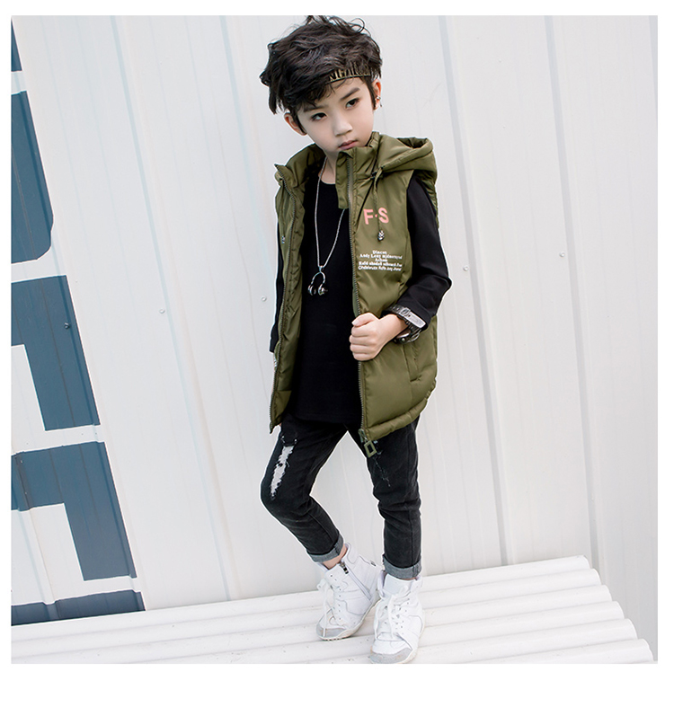Áo vest trẻ em mùa thu và mùa đông 5 tuổi-12 tuổi Cậu bé dày lên mũ trùm đầu xuống bên ngoài mặc vest áo gile thu đông bé trai
