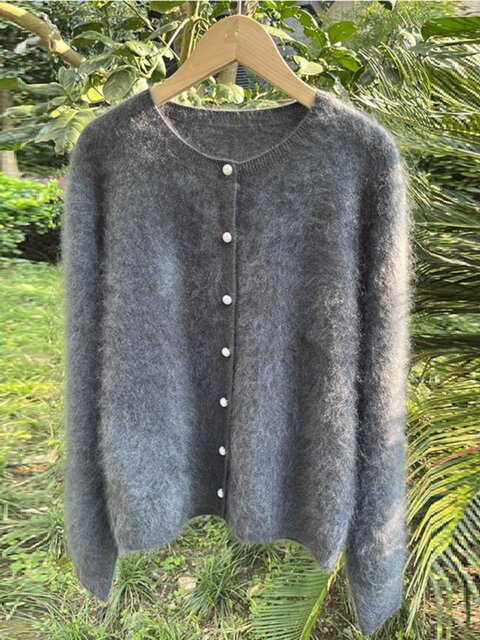 High-End 100% Cashmere Lazy Style Washed Brushed Cashmere Cardigan Top Round Neck Cashmere Sweater Coat Trendy