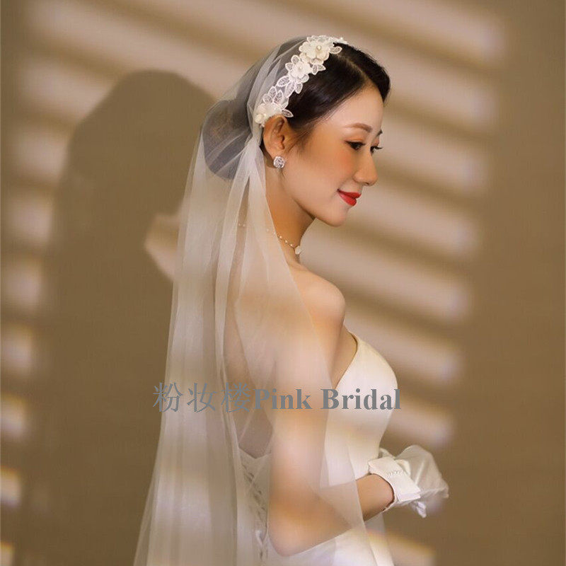 Korean style long trailing bridal veil lace wedding pearl headdress travel photography super fairy retro Republic of China style veil