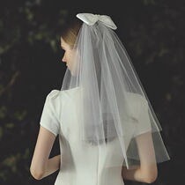 New super-fairy white double layer satin butterfly knots pearl head yarn short travel pat on the face screen red short headwear