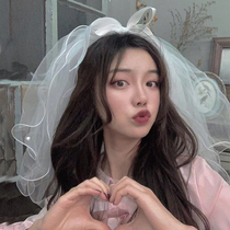 Chinese Valentines Day Valentines Day girls heart veil forest travel photo Pearl bow bride head yarn Super fairy head jewelry
