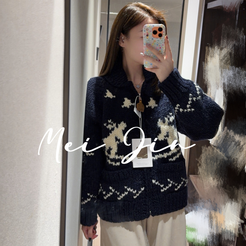 [Handmade 100% Wool] In-Stock Korean Designer Christmas and New Year Ski Fair Isle Coat Chunky Knit Sweater