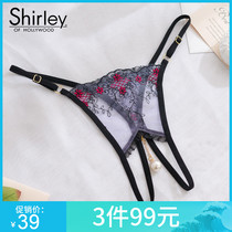 American Shirley fashion beautiful flower embroidery pendant Crotch open thong Female lace panties transparent