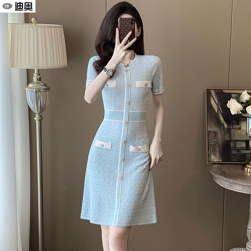 Dior Short-Sleeved Dress for Women, Summer 26 New Style, Elegant Little Chanel Style, Ice Silk Knitted A-Line Dress, Slim Fit Dress