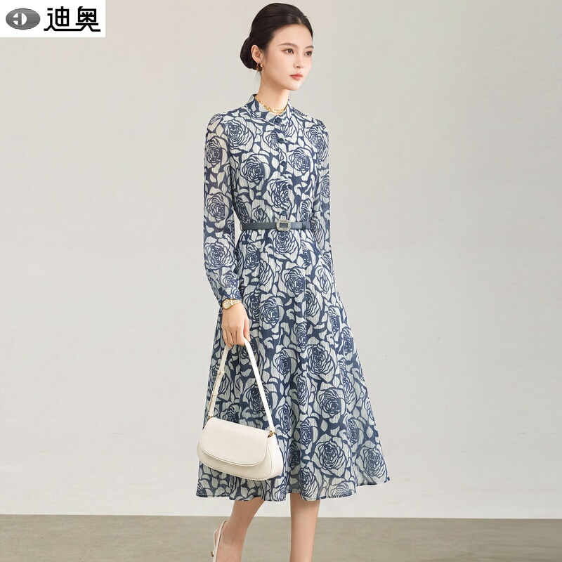Dior Early Autumn Silk and Linen Long-Sleeved Printed Dress for Women 2026 New Style Elegant Waist-Cinching Shirt Mid-Length Skirt
