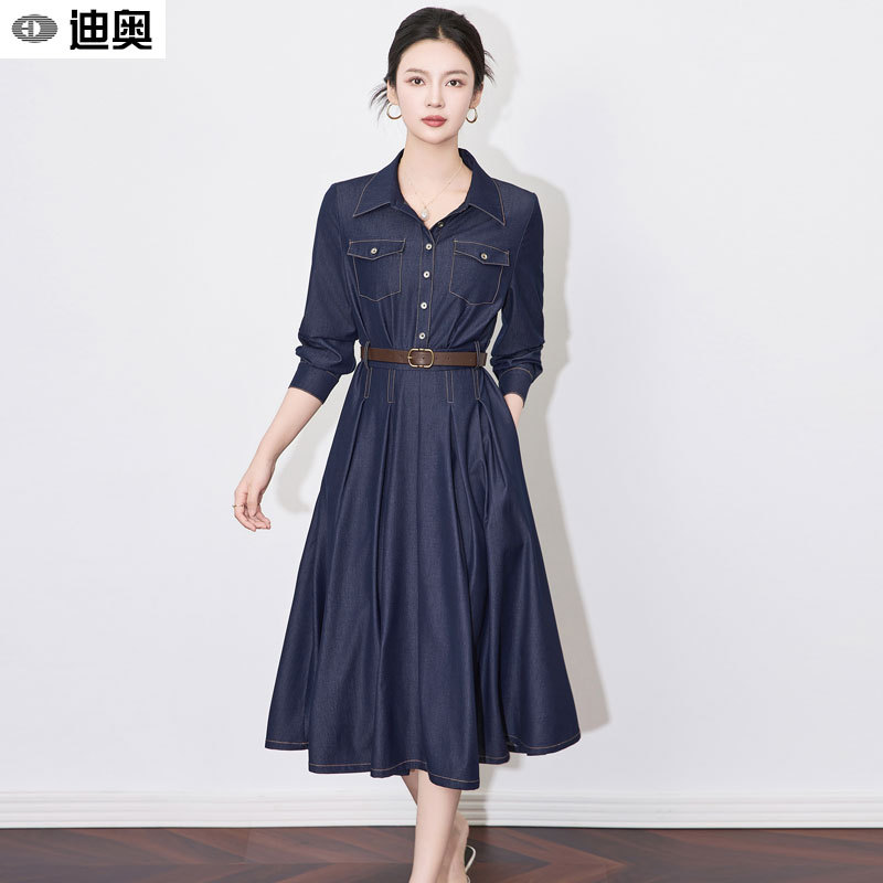Dior 26 Spring New Long-Sleeve Dress Fashionable and Elegant Commuting Denim Skirt Women's Vintage Lapel Workwear Shirt Dress