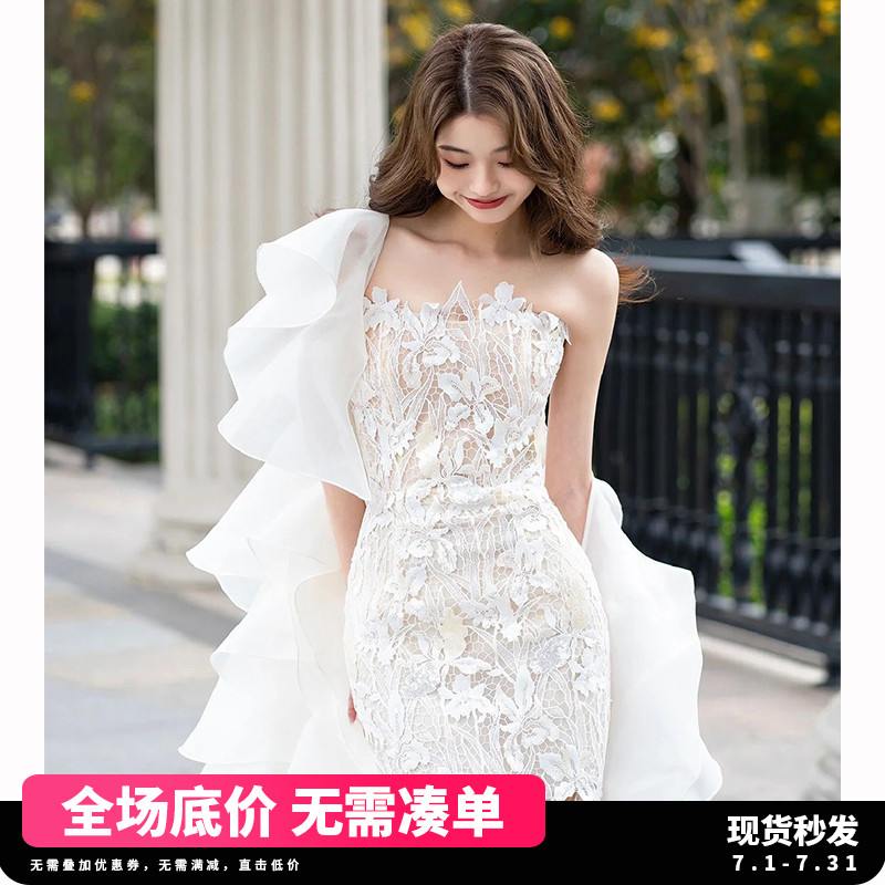 天使嫁衣 Lace wedding dress for bride, asymmetric cut, wholesale
