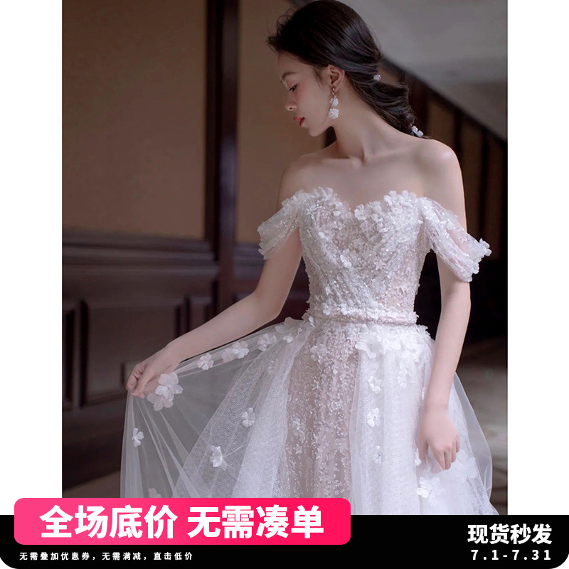 Wedding dress for princess for bride, flowered, open shoulders