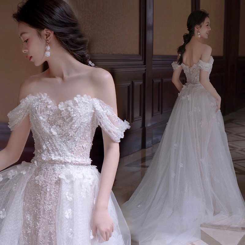 Wedding dress for princess for bride, flowered, open shoulders