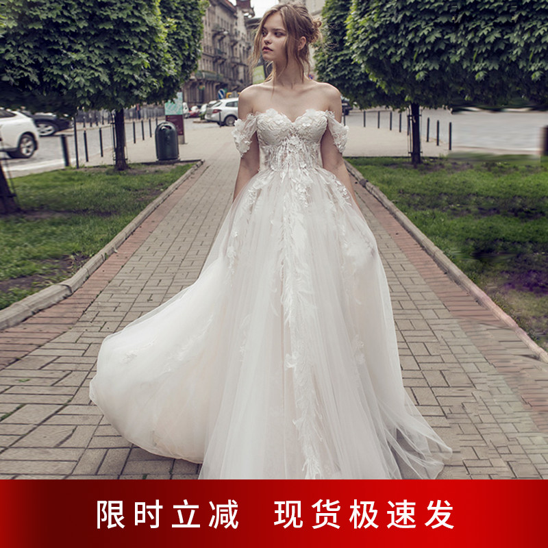 Angel wedding dress Mori super fairy one-shoulder bride travel shooting location seascape trailing wedding dress w1820