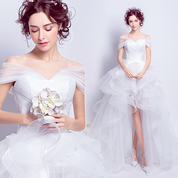 Angel's wedding dress dream word shoulder front short back long princess bride tail light wedding dress wholesales 7207