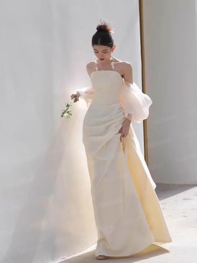 法式浪漫抹胸新娘结婚订婚敬酒成人礼生日派对婚纱礼服晨袍19680Q