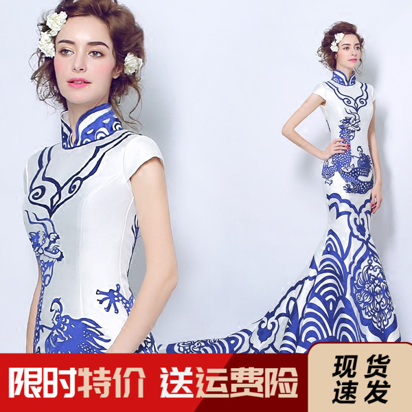 Blue and white porcelain bride Chinese style wedding toast dress fishtail tail stage performance long cheongsam evening dress 5029