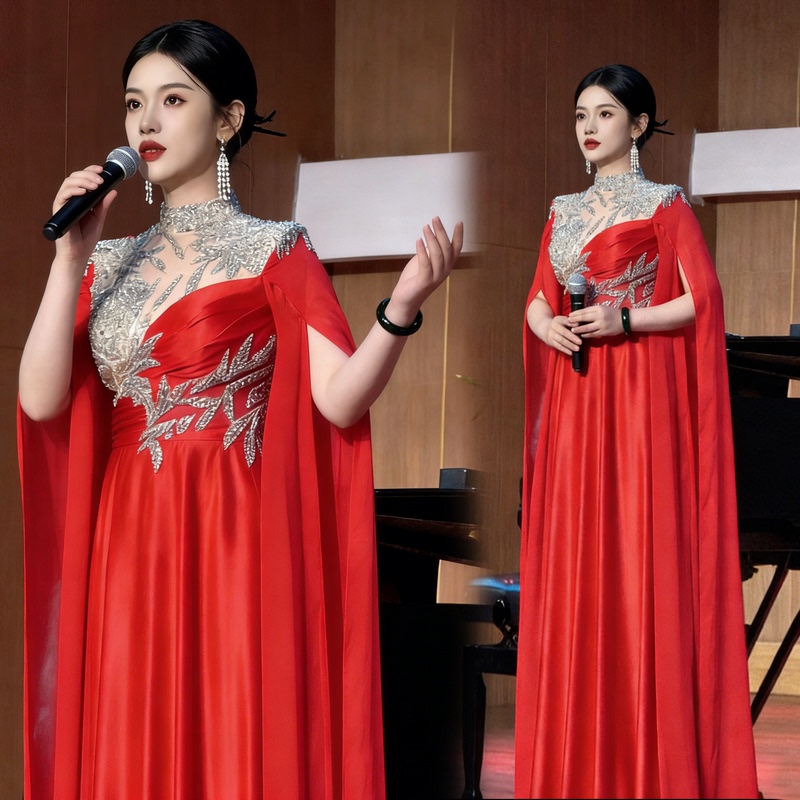 Red Toast Dress for Host, Solo, Chorus, Runway Show, Traditional Chinese Music, Guzheng, Vocal Performance, Water Sleeves, Evening Dress 20816