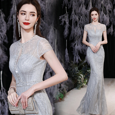 taobao agent Silver -gray fishtail banquet piano show hostess performed a big chorus wedding dress evening dress 18009