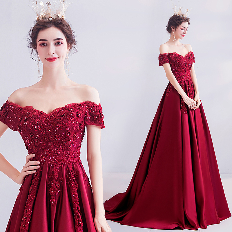 Evening dress prom gown Crystal diamond flower wine red Bride Wedding Toast dress wedding performance wedding dress evening dress 