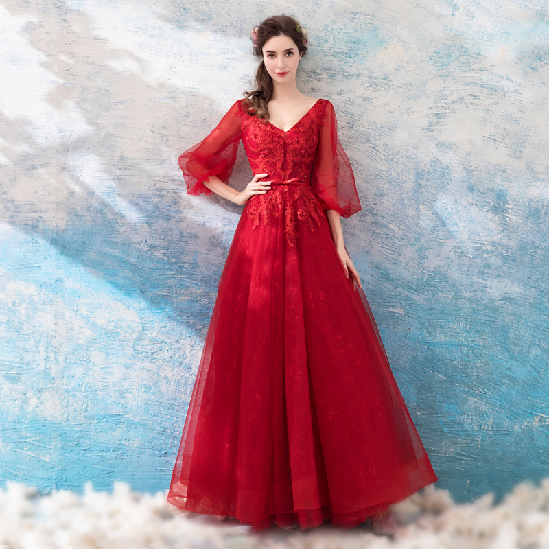 Long Sleeve Red Wedding Dress