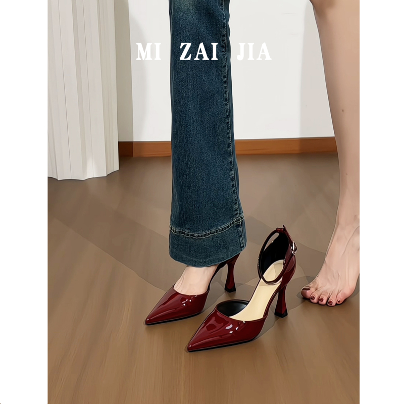 Sheepskin Version ~ Burgundy High-Heeled Shoes for Women 2026 New Style Hollow-Out Ankle Strap Stunning Comfortable Sandals High Heels Sheepskin Version ~ Burgundy High-Heeled Shoes for Women 2026 New Style Hollow-Out Ankle Strap Stunning Comfortable Sandals High Heels