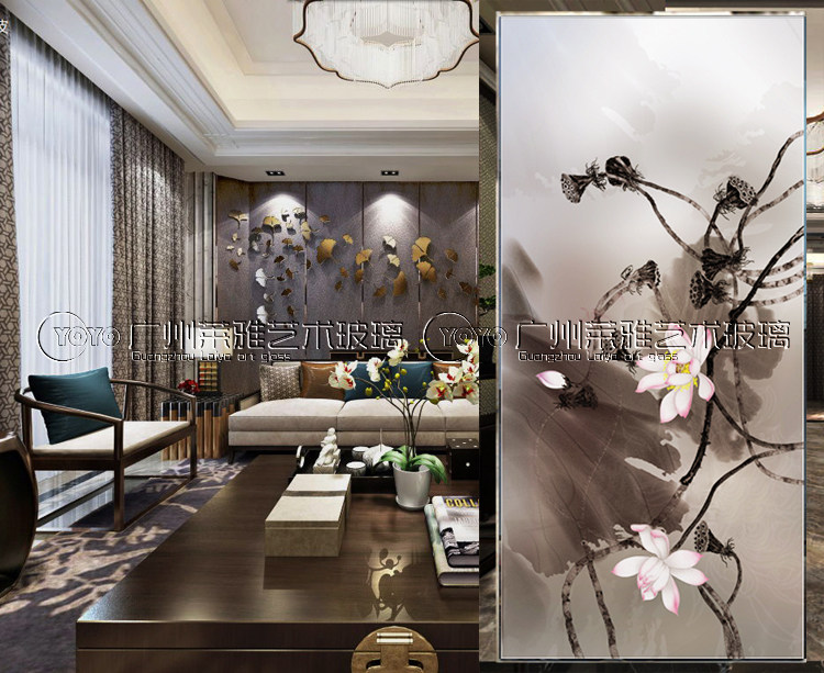 Art glass porch background wall cabinet screen segregation hand-engraved double-sided frayed loaded flower